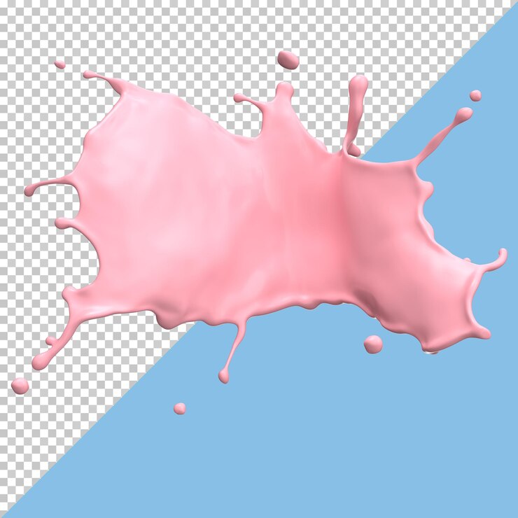 Salpicaduras de leche de fresa líquido paquete aislado o salpicaduras de yogur, incluyen trazado de recorte. Ilustración 3D.