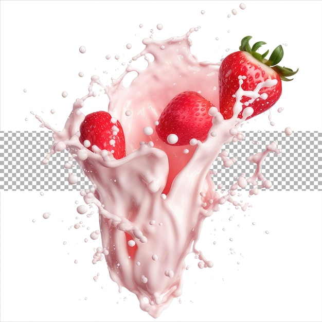 PSD salpicaduras de leche con fresas aisladas sobre fondo transparente salpicaduras de líquido lechoso