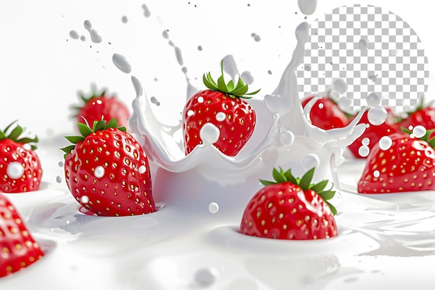 PSD salpicaduras de leche o yogur con fresas aisladas sobre un fondo transparente