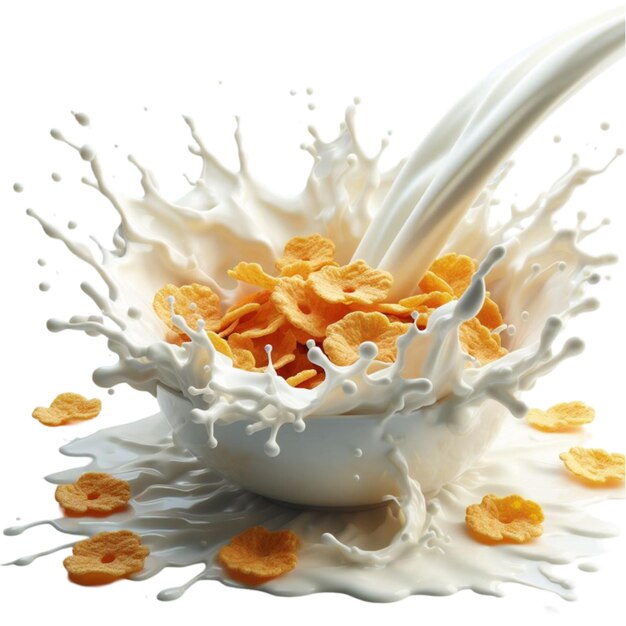 PSD salpicaduras líquidas y leche con cornflakes sobre fondo blanco