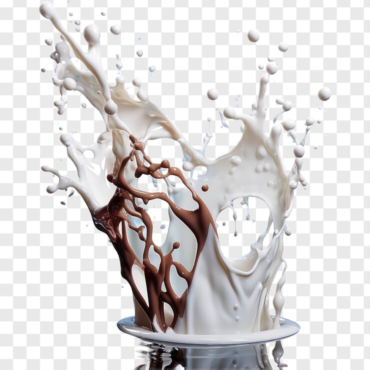 PSD salpicaduras de líquido de leche de chocolate sobre un fondo transparente
