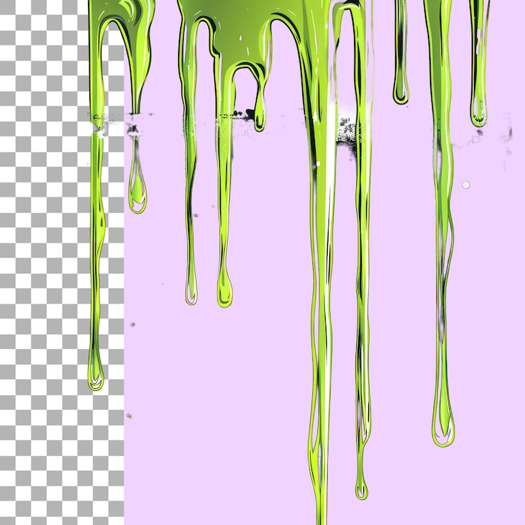 PSD las salpicaduras de pintura verde que caen o se derraman con gotas y gotas de pulverización, vista lateral y superior, petróleo crudo aislado en un fondo transparente, corte png o trayectoria de recorte.