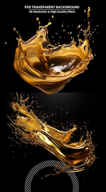 PSD salpico de tinta isolado em fundo preto belo salpico dourado close-up salpico de água dourado