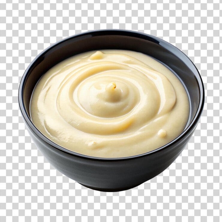 PSD salsa de bechamel en un cuenco negro aislado sobre un fondo transparente