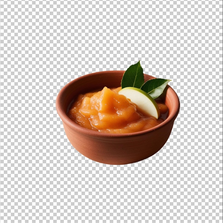 PSD salsa de manzana con manzanas en una mesa de madera aislada sobre el fondo blanco