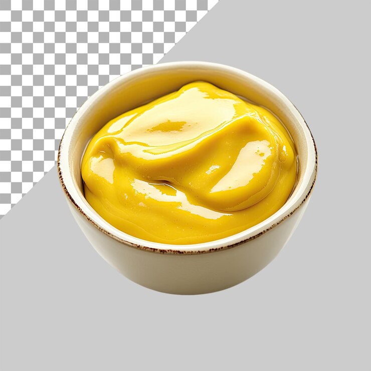 PSD salsa de mostaza amarilla sobre un fondo transparente