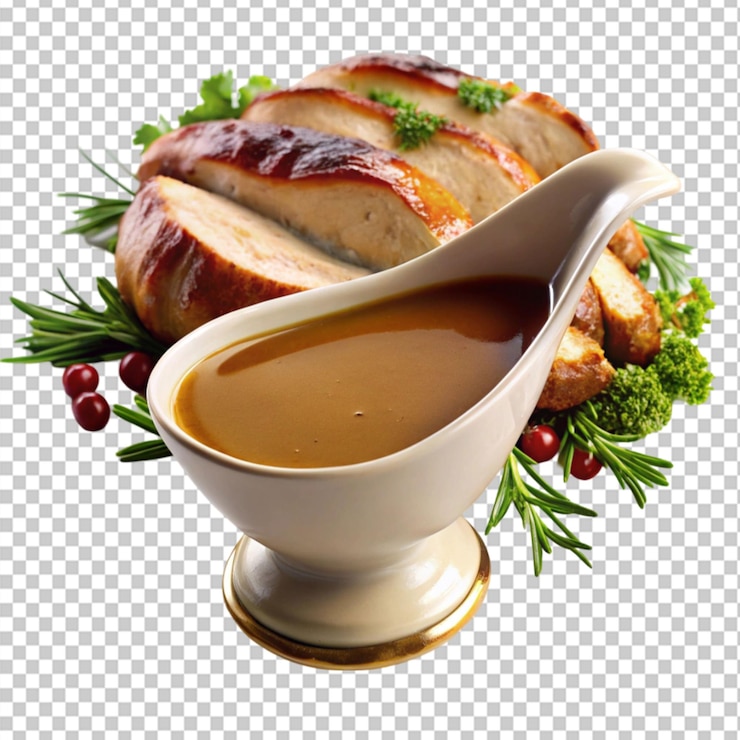 PSD salsa de pavo casera oscura sobre un fondo transparente