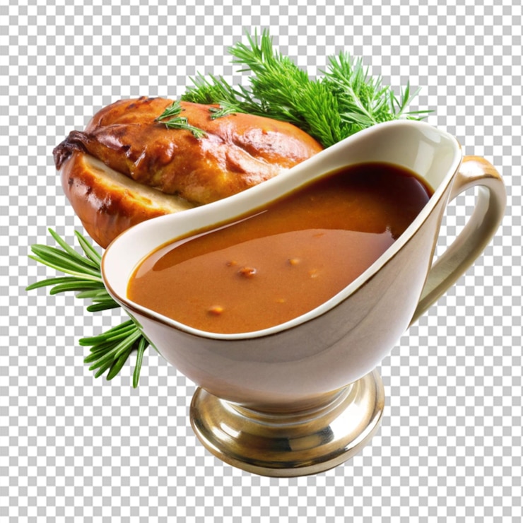 PSD salsa de pavo casera oscura sobre un fondo transparente