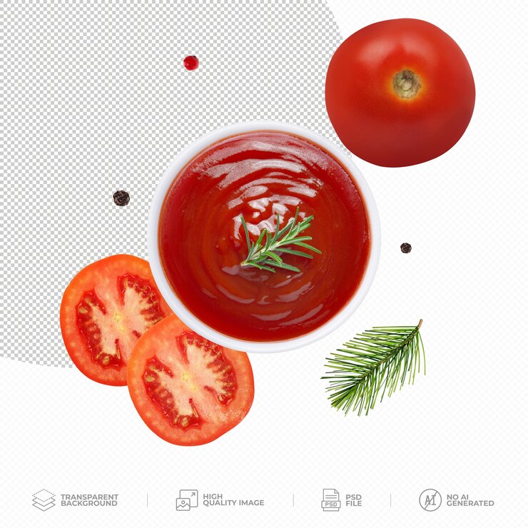 PSD salsa de tomate con hierbas y tomates frescos en fondo transparente psd