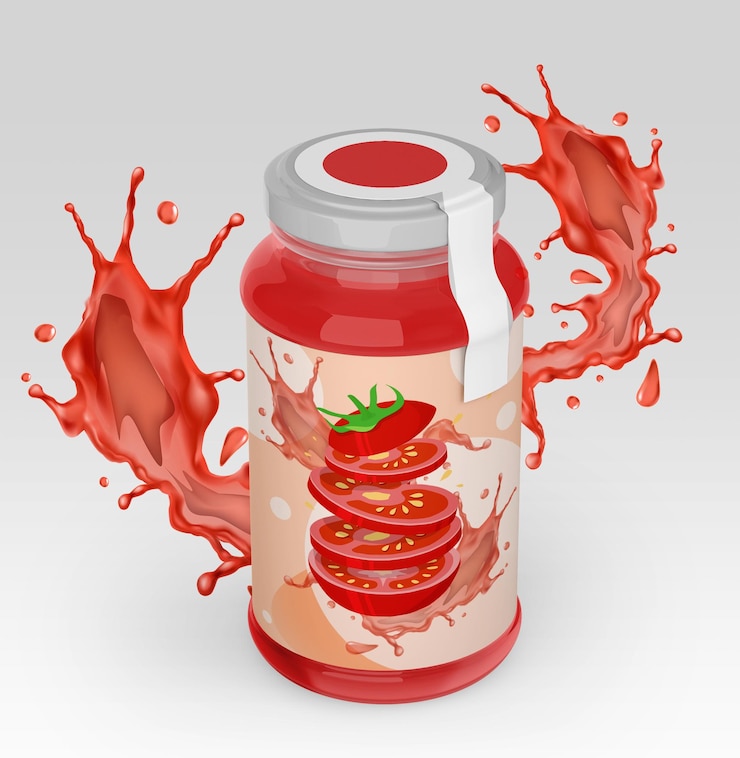 PSD salsa de tomate roja botella de vidrio mockup una botella de mermelada con un líquido rojo en ella