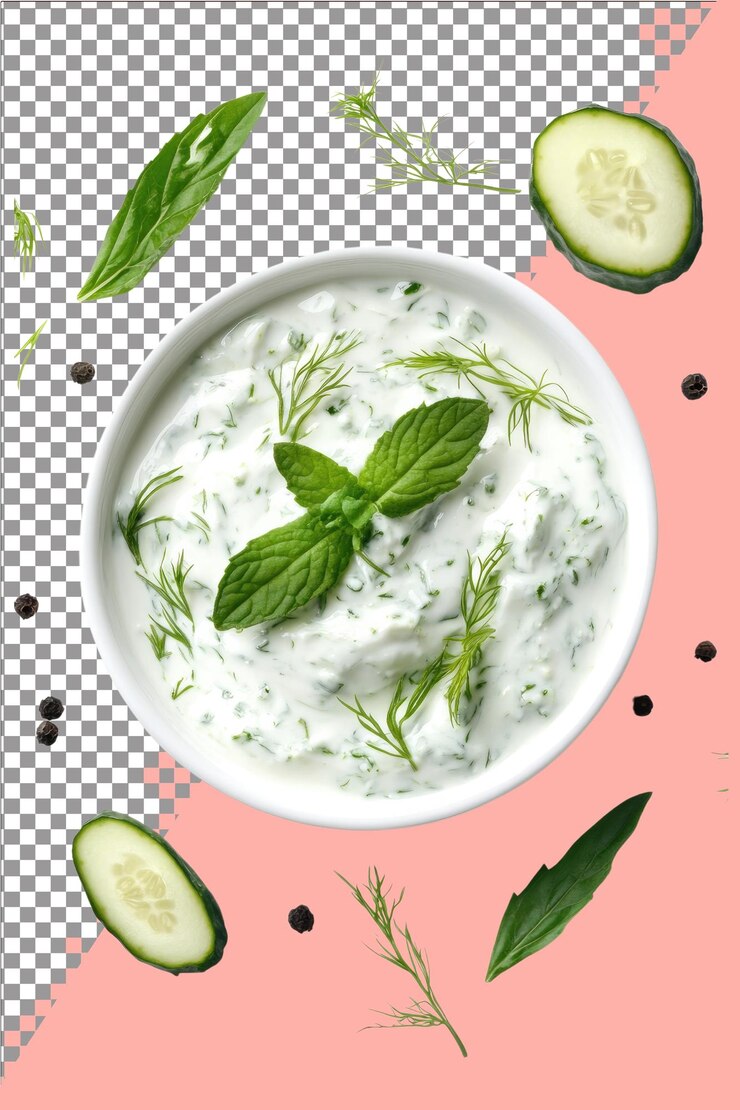Salsa Tzatziki Cremosa y refrescante genial para sumergirse hiperrealista aislado blanco llano Transpa