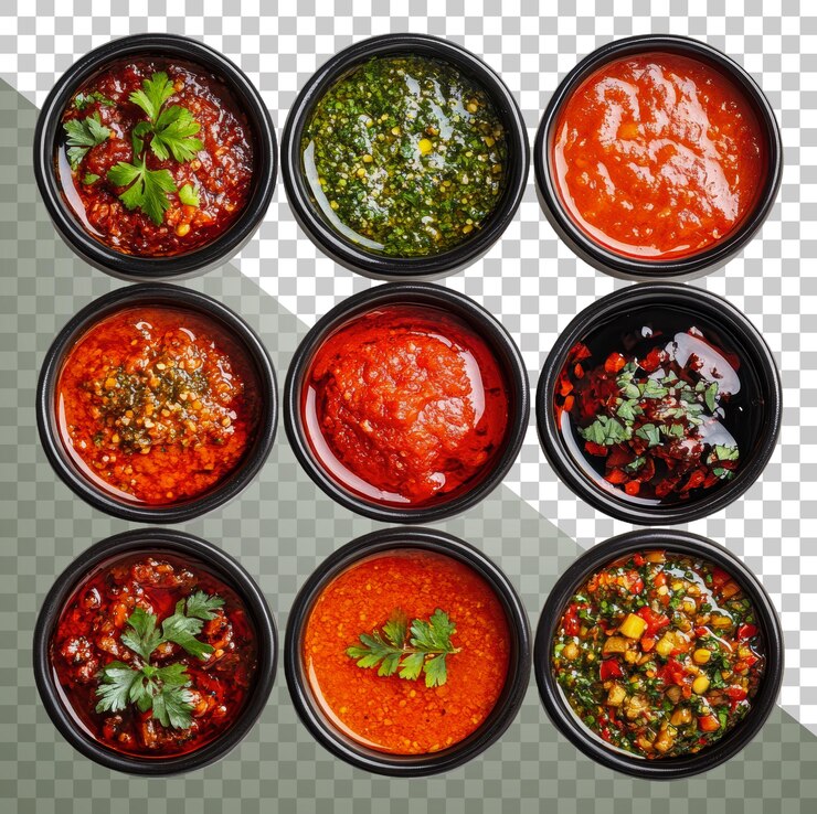 PSD salsas coloridas en pequeños recipientes cortados de stock png