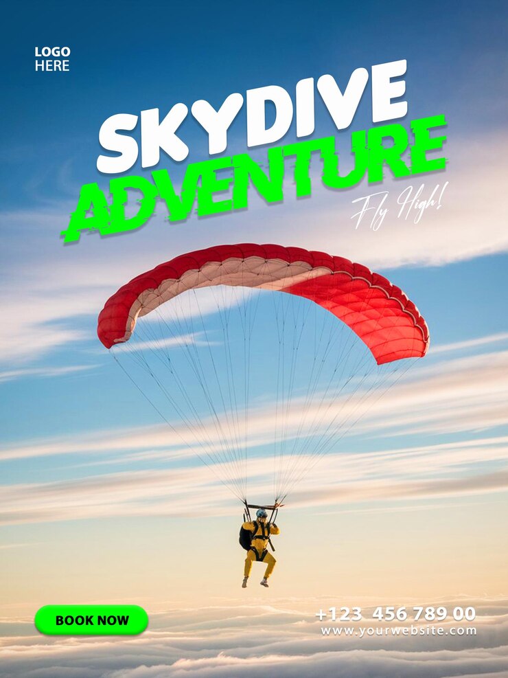 PSD salto en paracaídas aventura parapente actividad divertida cartel de folleto de negocios para plantilla de publicación de redes sociales