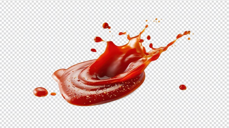 PSD un salto vibrante de ketchup rojo aislado en un fondo blanco limpio para arte alimentario y usos culinarios