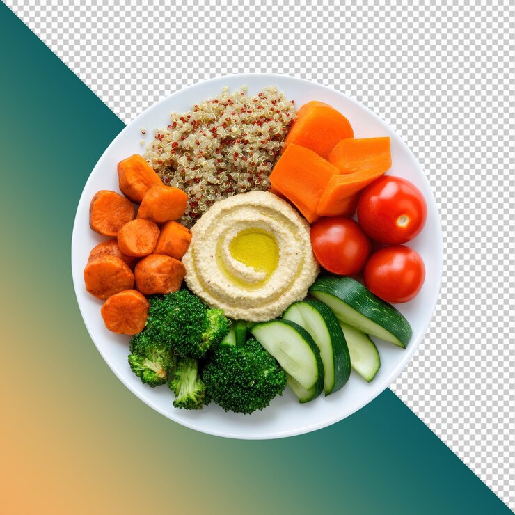 PSD saludable tazón de quinoa mediterránea con hummus, patatas dulces asadas y verduras frescas