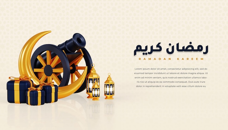 PSD saludo de banner de ramadan kareem con cañón de luna creciente 3d y decoración islámica