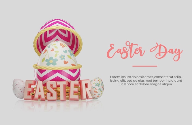 Saludo del día de pascua con huevos y adornos de pascua ilustración 3d