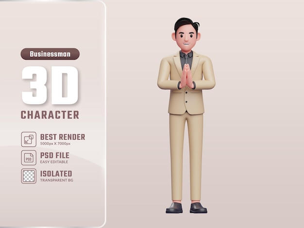 Saludo de joven empresario positivo con gesto de namaste 3d render empresario carácter illustrati