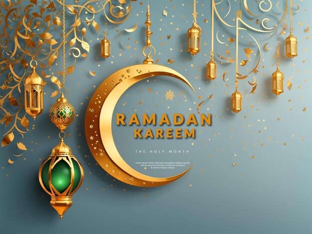 Saludo de ramadán luna creciente dorada lámpara de luz de linterna de ramadá