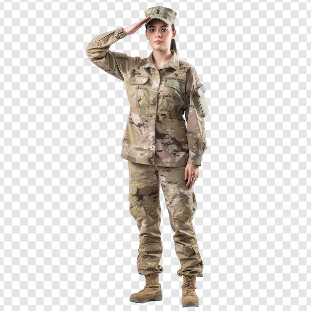 PSD saludo de soldado femenino de todo el cuerpo en fondo transparente png