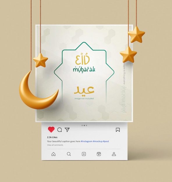 PSD saludos islámicos eid mubarak en el post de instagram en 3d