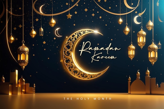Saludos islámicos luna creciente dorada y lámpara de luz de lámpara de fondo de ramadán