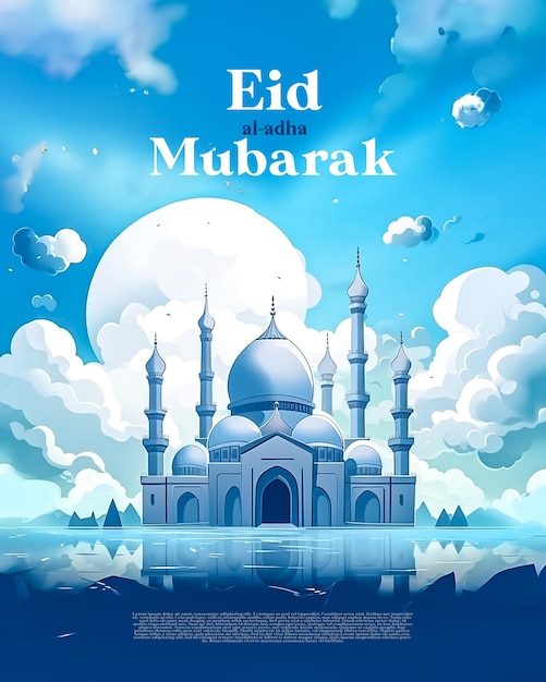 Salutations islamiques Eid al adha mubarak publication sur les réseaux sociaux style dessin animé 3d IA générative