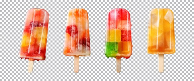 PSD sammlung farbenfroher eis-popsicle-lolly, die auf einem transparenten hintergrund isoliert ist