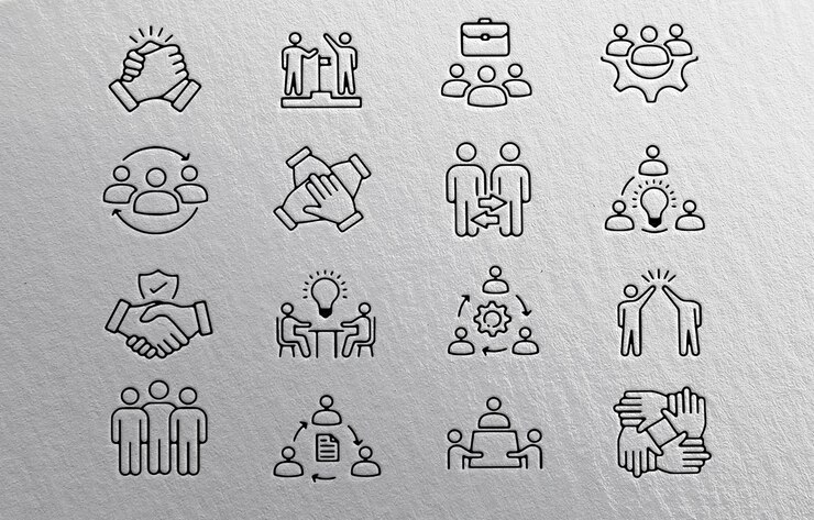 PSD sammlung moderner vektorlinien-ikonen, die zusammenarbeit, teamarbeit und geschäftskonzepte veranschaulichen