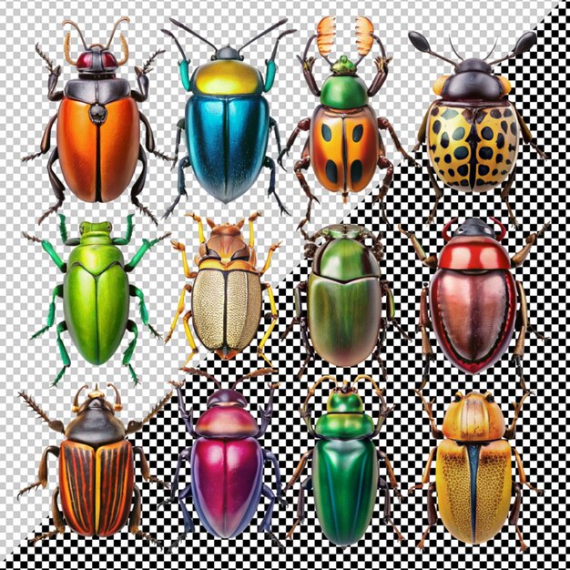 PSD sammlung verschiedener farben käfer auf durchsichtigem hintergrund