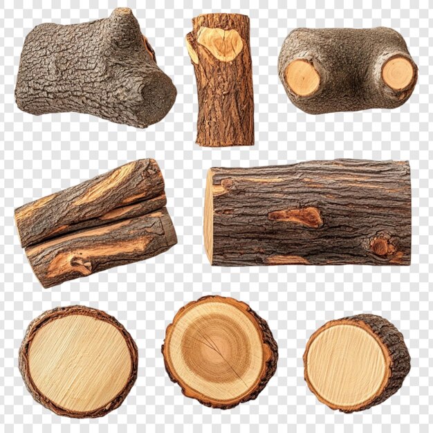 Sammlung verschiedener Holzstämme und Querschnitte mit Rindstruktur und Holzkörnern, ideal für Holzbearbeitungsprojekte oder natürliche Hintergründe