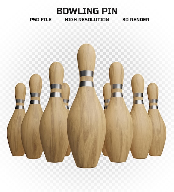 Sammlung von 3d-render-bowling-pins aus holz mit silbernen streifen in hoher auflösung