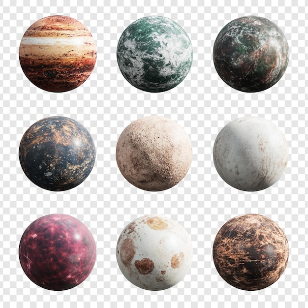 Sammlung von 3D-Rendering-Planeten mit verschiedenen Texturen und Farben