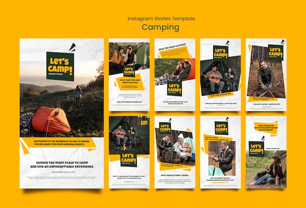Sammlung von Camping-Instagram-Geschichten mit zerknittertem Papiereffekt