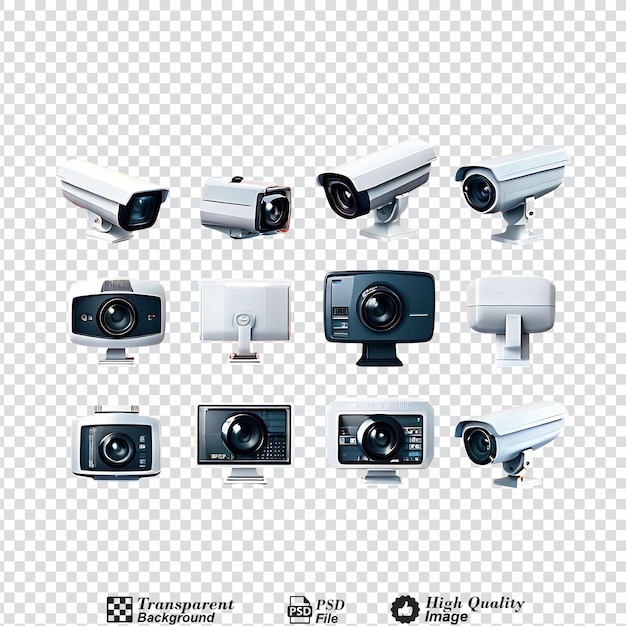 Sammlung von cctv-kameras, die auf einem transparenten hintergrund isoliert sind