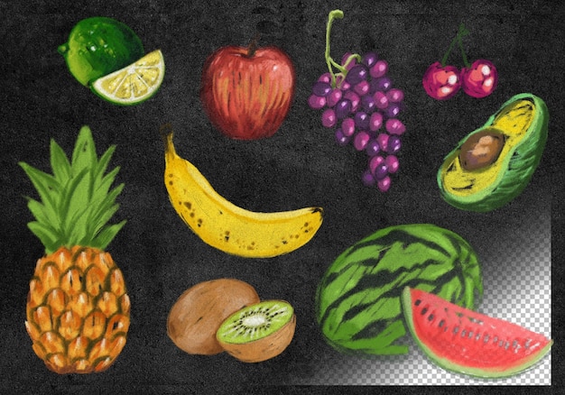 Sammlung von handgezeichneten Fruchtillustrationen in Kreide auf einer Tafeloberfläche