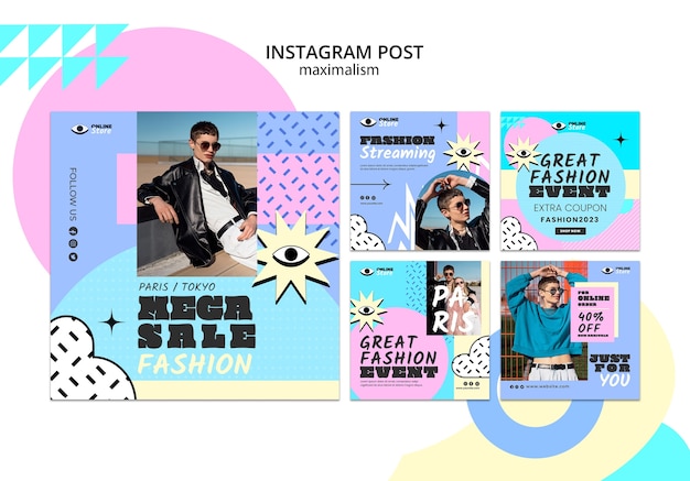 Sammlung von Instagram-Beiträgen im Maximalismus-Stil