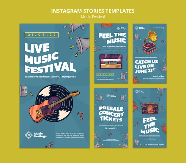 Sammlung von instagram-geschichten des musikfestivals