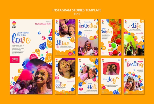 PSD sammlung von instagram-geschichten für die feier des holi-festivals