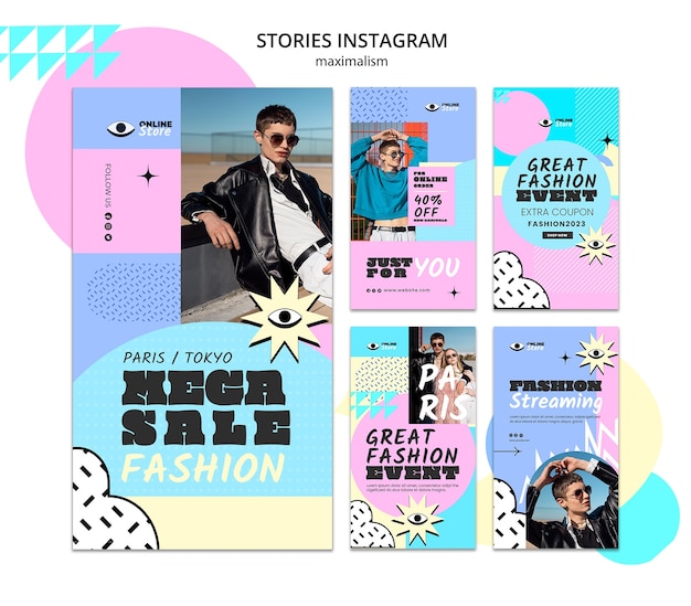 Sammlung von Instagram-Geschichten im Maximalismus-Stil