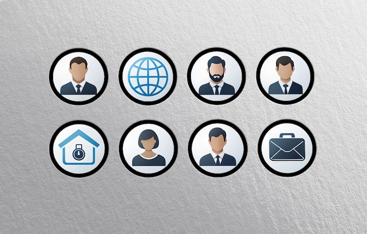 PSD sammlung von kreisförmigen profil-symbolen, die verschiedene aspekte eines netzwerks und eines unternehmens darstellen