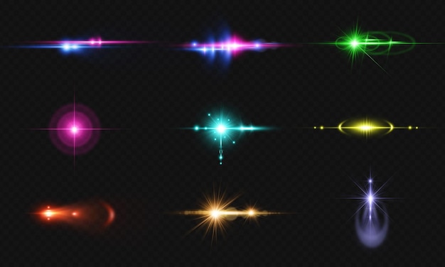 Sammlung von Lichterflächen und optischen Effekten auf einem dunklen Hintergrund