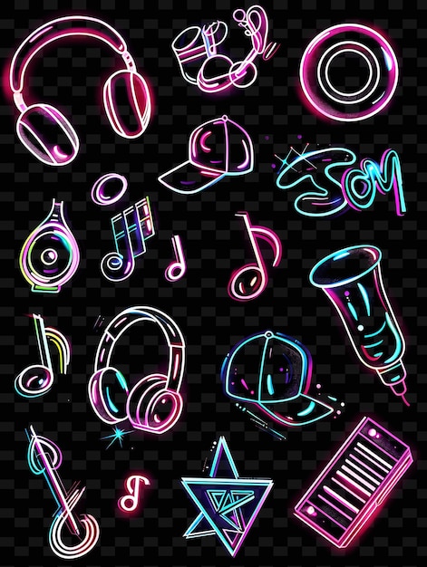 PSD sammlung von musik-ikonen mit flackerndem neon-leuchten in graf set png iconic y2k shape art decorativef
