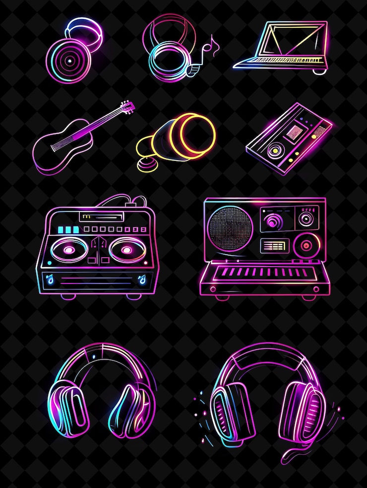 PSD sammlung von musik-ikonen mit flackerndem neon-leuchten in graff creative set neon-farbe y2k-sammlung