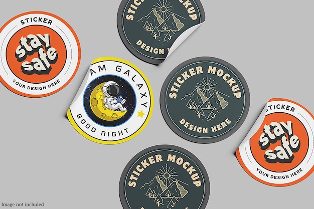 Sammlung von runden Aufkleber-Mockups mit Retro- und Weltraum-Designs