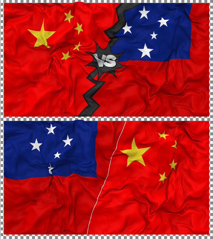 PSD samoa contra china media bandera combinada con tela y textura en 3d