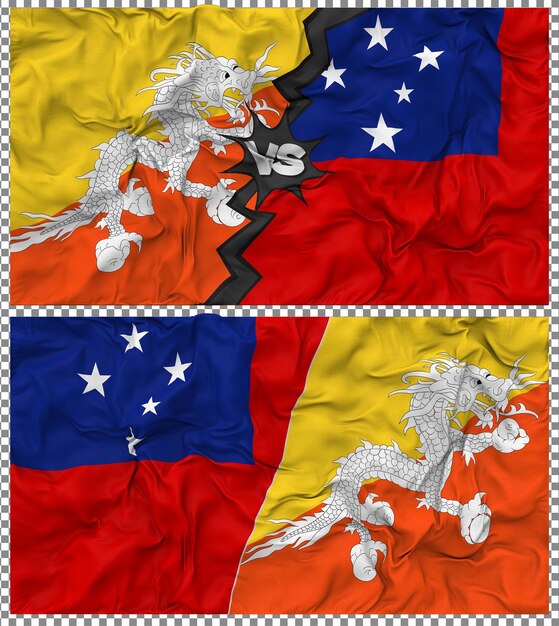 Samoa gegen Bhutan Halbkombinierte Flagge Stoff-Bump-Textur 3D-Rendering