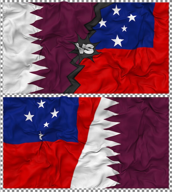 Samoa gegen Katar Halbkombinierte Flagge Stoff-Bump-Textur 3D-Rendering