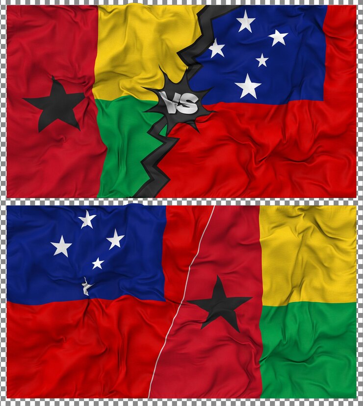 PSD samoa vs guinea bissau half combined flag cloth bump texture 3d rendering