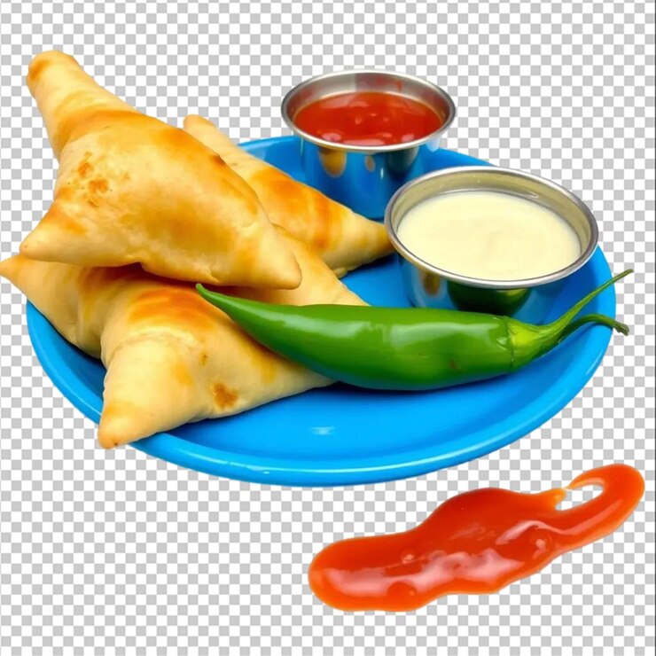PSD la samosa es un bocadillo popular o comida chatarra servida con chutney de cebolla frita verde o ketchup